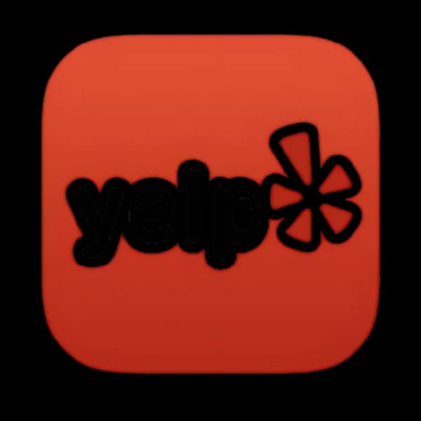 Yelp logo, a black stylized "yelp" wordmark with a starburst icon on a red square.