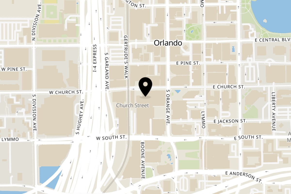 Map showing the location of Cucina Pizza & Bar on 54 W Church St #151 in Orlando